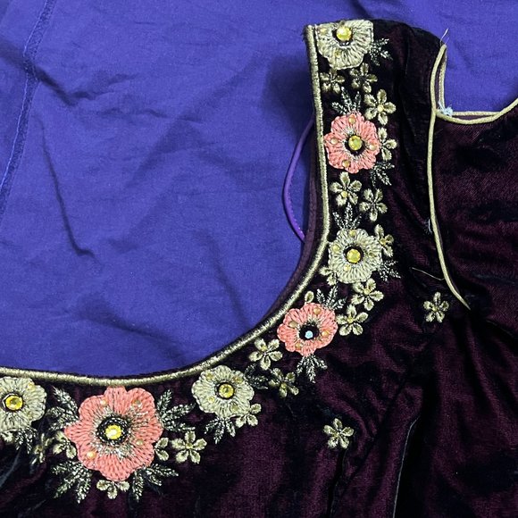 Grand Wine Coloured Lehenga Embellished with Pink and Gold Embroidered Flowers - Picture 10 of 17